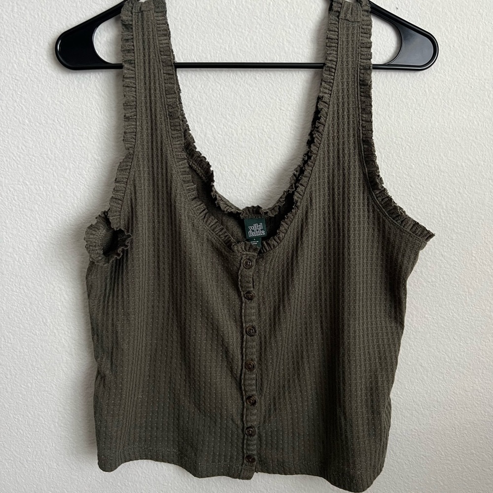 Army Green Ruched Sleeve Tank Top